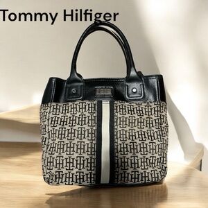 Tommy Hilfiger Black and Ivory Tote Bag with Monogram Design